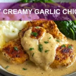 EASY CREAMY GARLIC CHICKEN plated with mashed potatoes steamed greens and lemon wedge