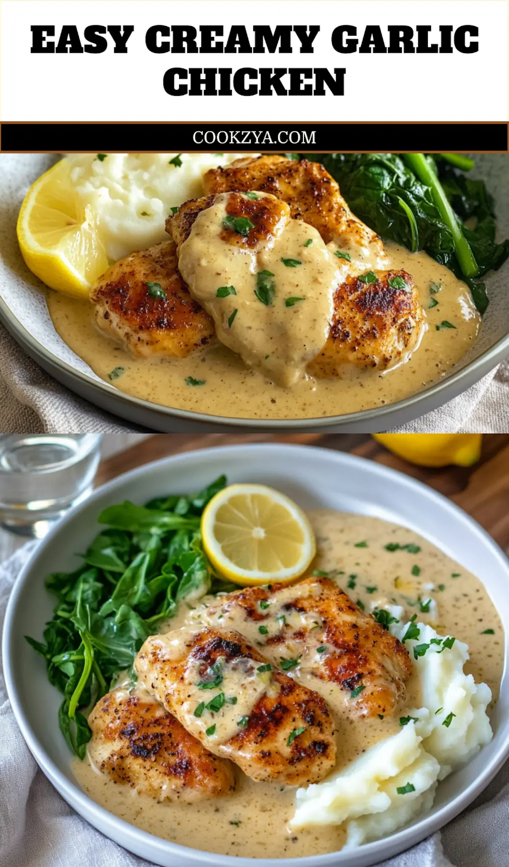 easy Creamy Garlic Chicken: Quick Delicious Delight! 6 EASY CREAMY GARLIC CHICKEN plated with mashed potatoes steamed greens and lemon wedge_pin