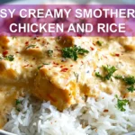 EASY CREAMY SMOTHERED CHICKEN AND RICE plated on white cloth with glass of water, warm tones
