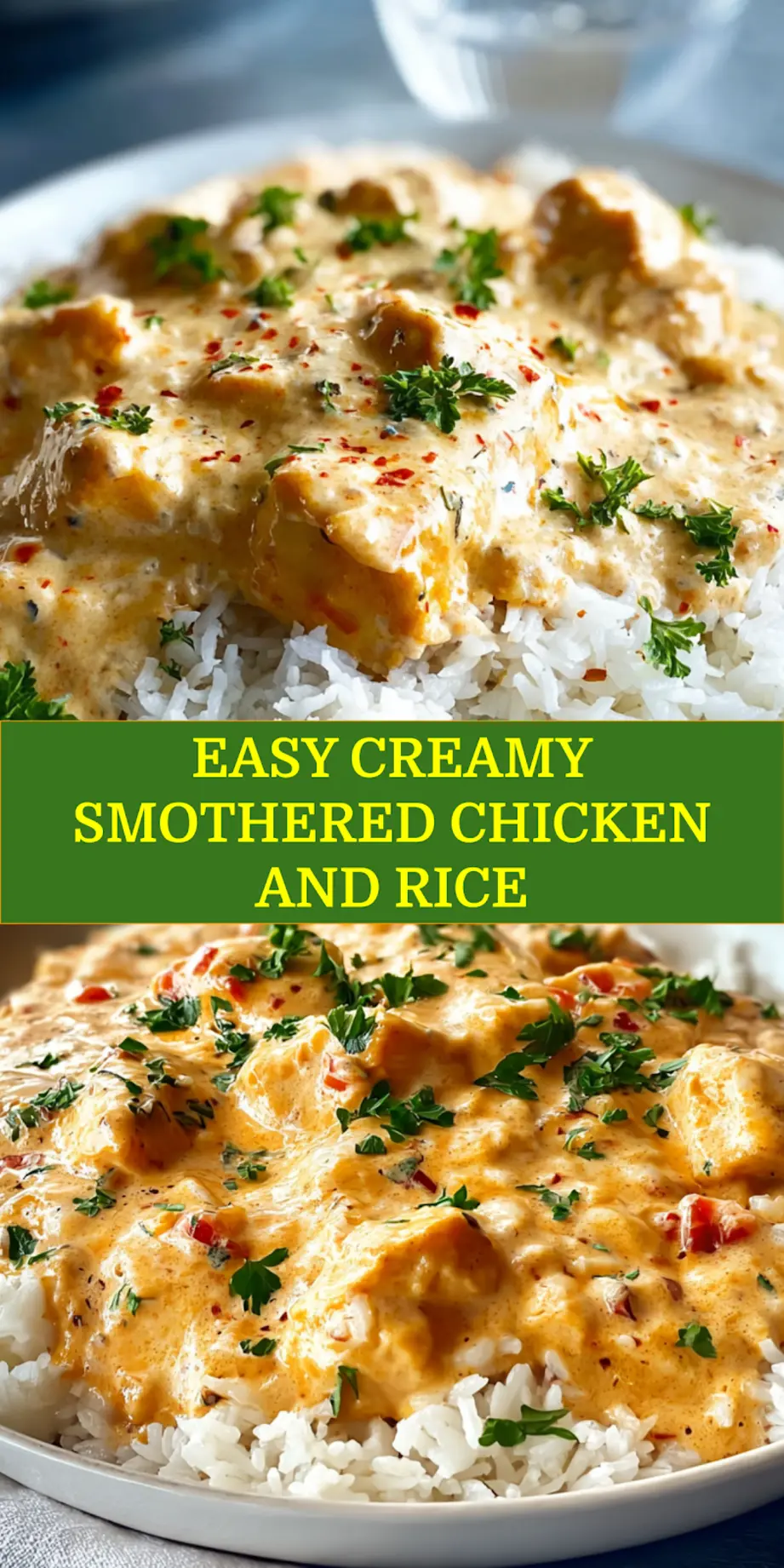 EASY CREAMY SMOTHERED CHICKEN AND RICE plated on white cloth with glass of water, warm tones_pin