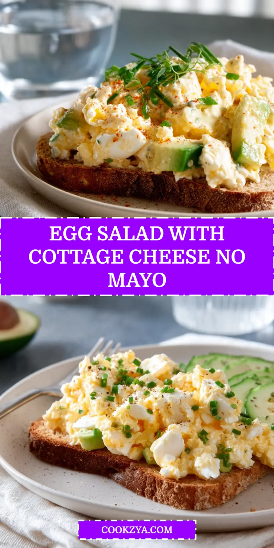 EGG SALAD WITH COTTAGE CHEESE NO MAYO on sourdough with avocado and pickles_pin