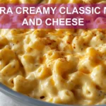 EXTRA CREAMY CLASSIC MAC AND CHEESE close up creamy macaroni with melted cheddar and Monterey Jack