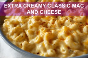 Extra Creamy Classic Mac and Cheese: Perfect Comfort Food EXTRA CREAMY CLASSIC MAC AND CHEESE close up creamy macaroni with melted cheddar and Monterey Jack