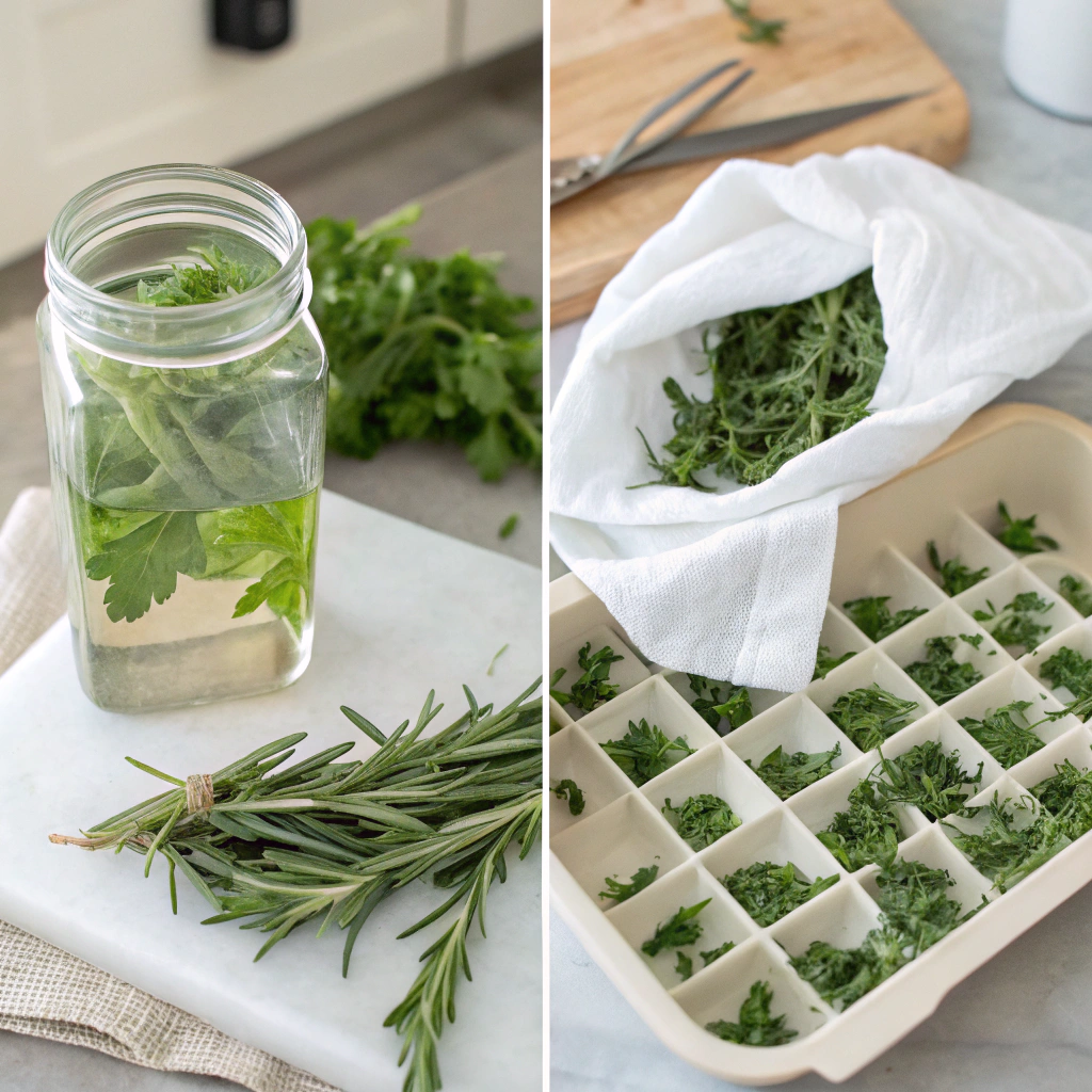 How to Store Fresh Herbs in Kitchen: 19 Proven Tips for Long-Lasting Flavor 3 Herb storage methods displayed on a kitchen counter