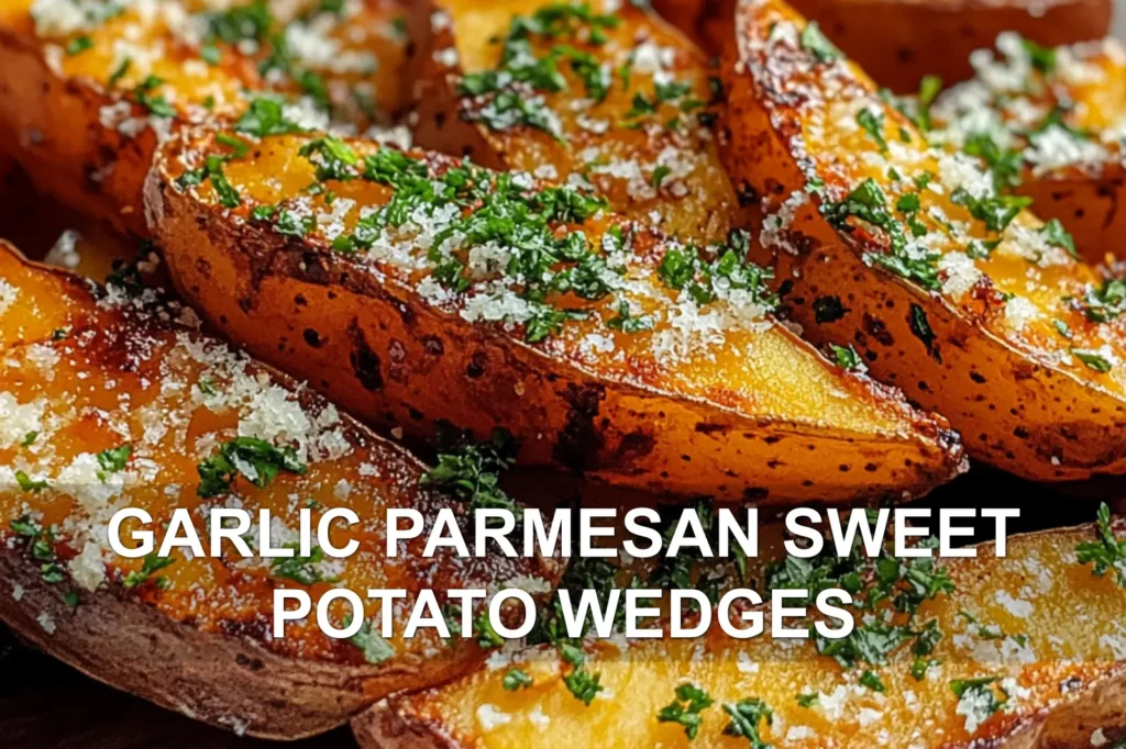 GARLIC PARMESAN SWEET POTATO WEDGES centered hero view, clean and uncluttered