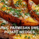 GARLIC PARMESAN SWEET POTATO WEDGES centered hero view, clean and uncluttered