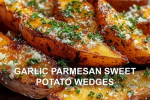 GARLIC PARMESAN SWEET POTATO WEDGES centered hero view, clean and uncluttered