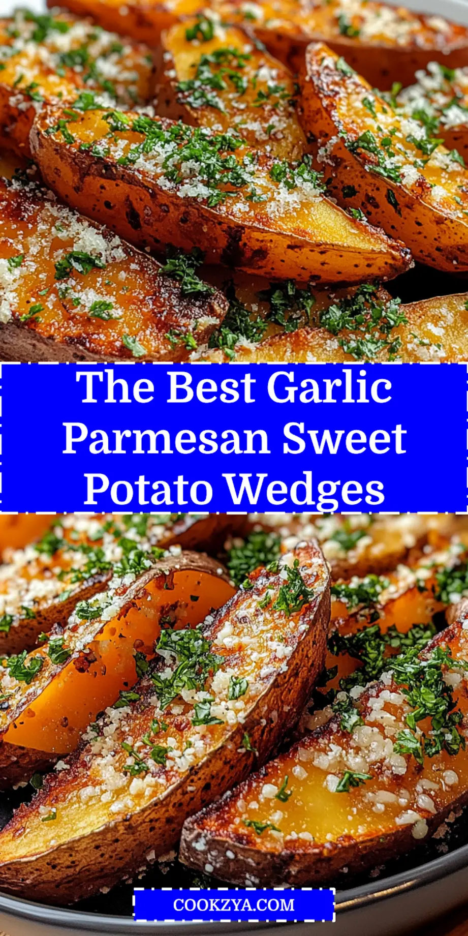 Garlic Parmesan Sweet Potato Wedges You'll Love 6 GARLIC PARMESAN SWEET POTATO WEDGES centered hero view, clean and uncluttered_pin