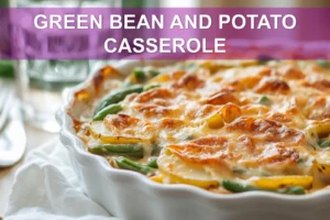 GREEN BEAN AND POTATO CASSEROLE baked casserole with potatoes green beans melted Colby cheese warm