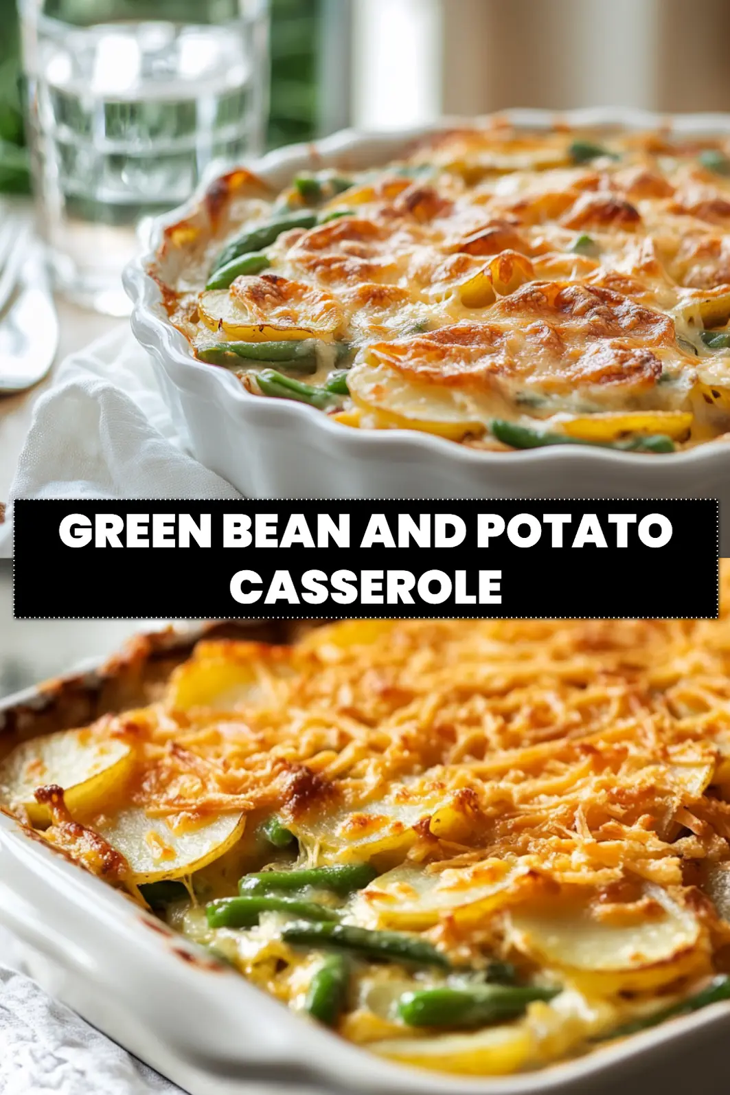 Green Bean and Potato Casserole: Simple Delicious Recipe 6 GREEN BEAN AND POTATO CASSEROLE baked casserole with potatoes green beans melted Colby cheese warm_pin