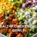 HEALTHY CHICKEN TACO BOWLS centered hero view, clean and uncluttered