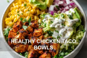 HEALTHY CHICKEN TACO BOWLS centered hero view, clean and uncluttered