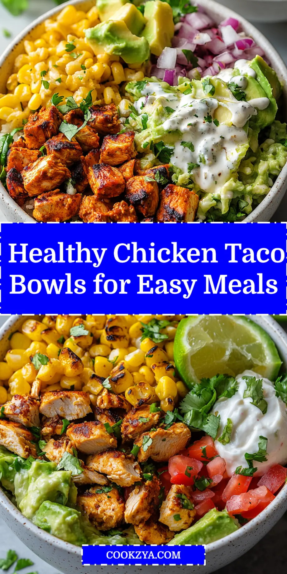 Healthy Chicken Taco Bowls: Delicious Quick Protein Fix 6 HEALTHY CHICKEN TACO BOWLS centered hero view, clean and uncluttered_pin