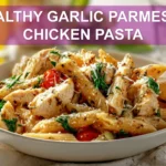 HEALTHY GARLIC PARMESAN CHICKEN PASTA close up plated whole wheat penne with chicken and spinach