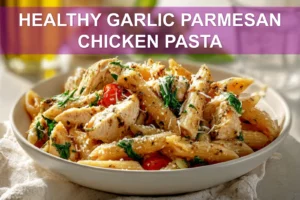 HEALTHY GARLIC PARMESAN CHICKEN PASTA close up plated whole wheat penne with chicken and spinach