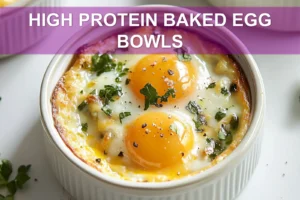 HIGH PROTEIN BAKED EGG BOWLS centered hero view, clean and uncluttered
