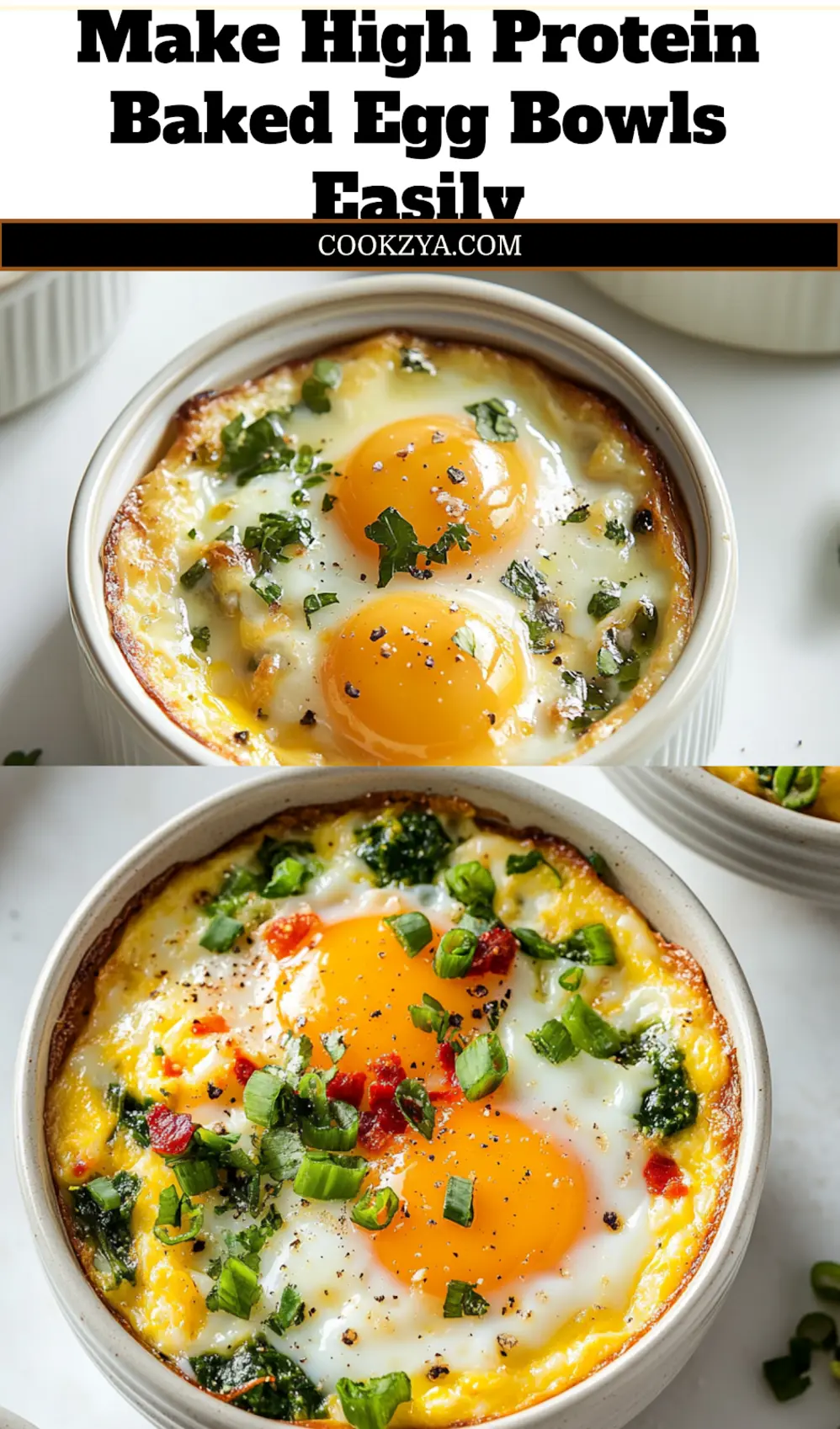 High Protein Baked Egg Bowls: Easy Delicious Meal Prep 6 HIGH PROTEIN BAKED EGG BOWLS centered hero view, clean and uncluttered_pin