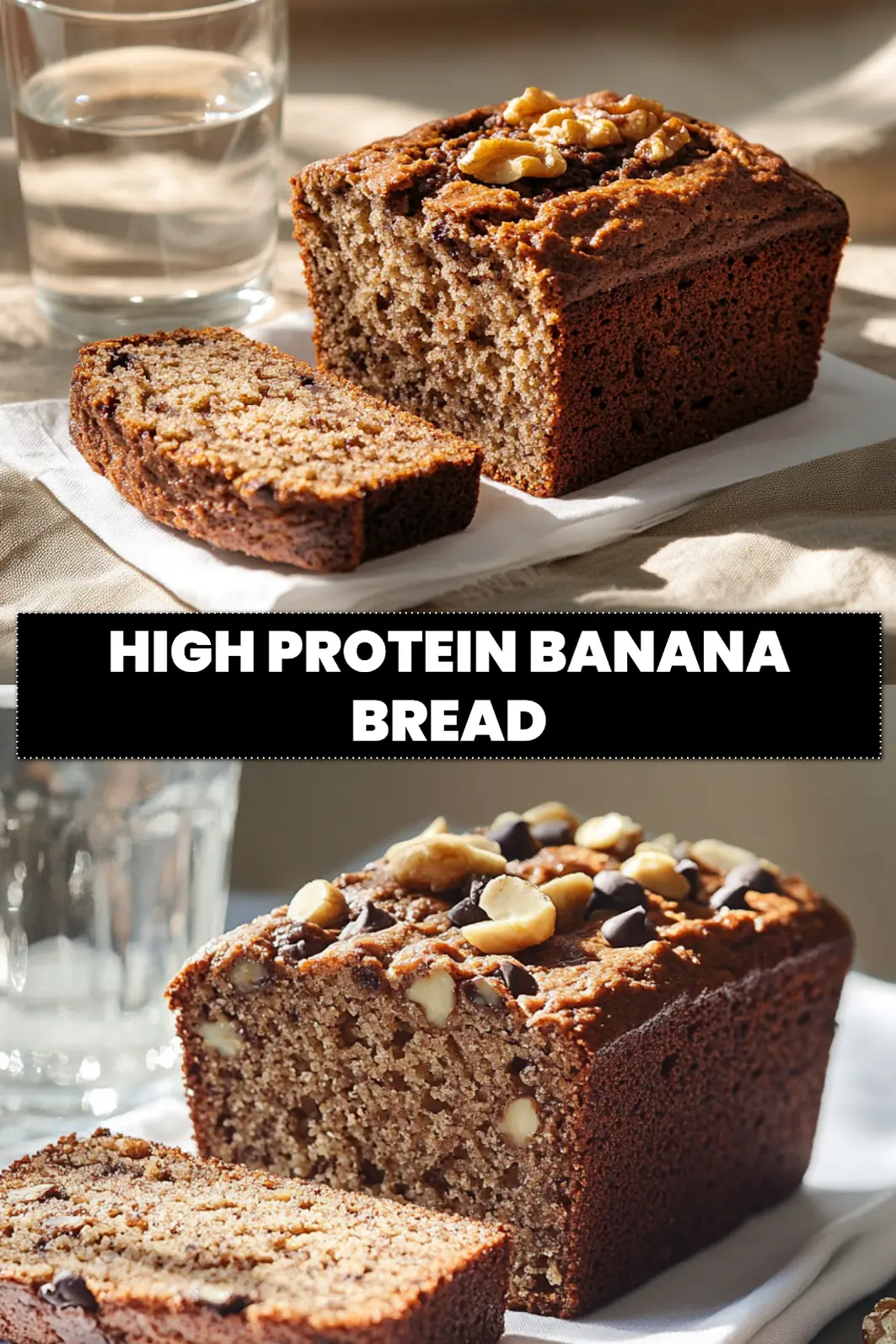 High Protein Banana Bread Recipe: Delicious and Easy 6 HIGH PROTEIN BANANA BREAD hero loaf on white cloth warm natural light shallow depth_pin