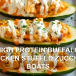 HIGH PROTEIN BUFFALO CHICKEN STUFFED ZUCCHINI BOATS centered hero view, clean and uncluttered