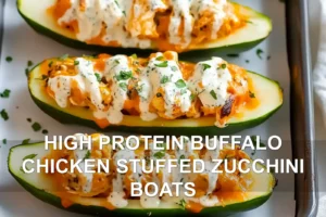 High Protein Buffalo Chicken Boats for Easy Low Cal Delight HIGH PROTEIN BUFFALO CHICKEN STUFFED ZUCCHINI BOATS centered hero view, clean and uncluttered