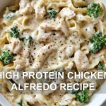 HIGH PROTEIN CHICKEN ALFREDO RECIPE centered hero view, clean and uncluttered