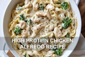 High Protein Chicken Alfredo Recipe: Easy Delicious Meal HIGH PROTEIN CHICKEN ALFREDO RECIPE centered hero view, clean and uncluttered