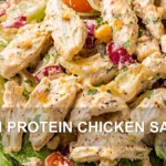 HIGH PROTEIN CHICKEN SALAD centered hero view, clean and uncluttered