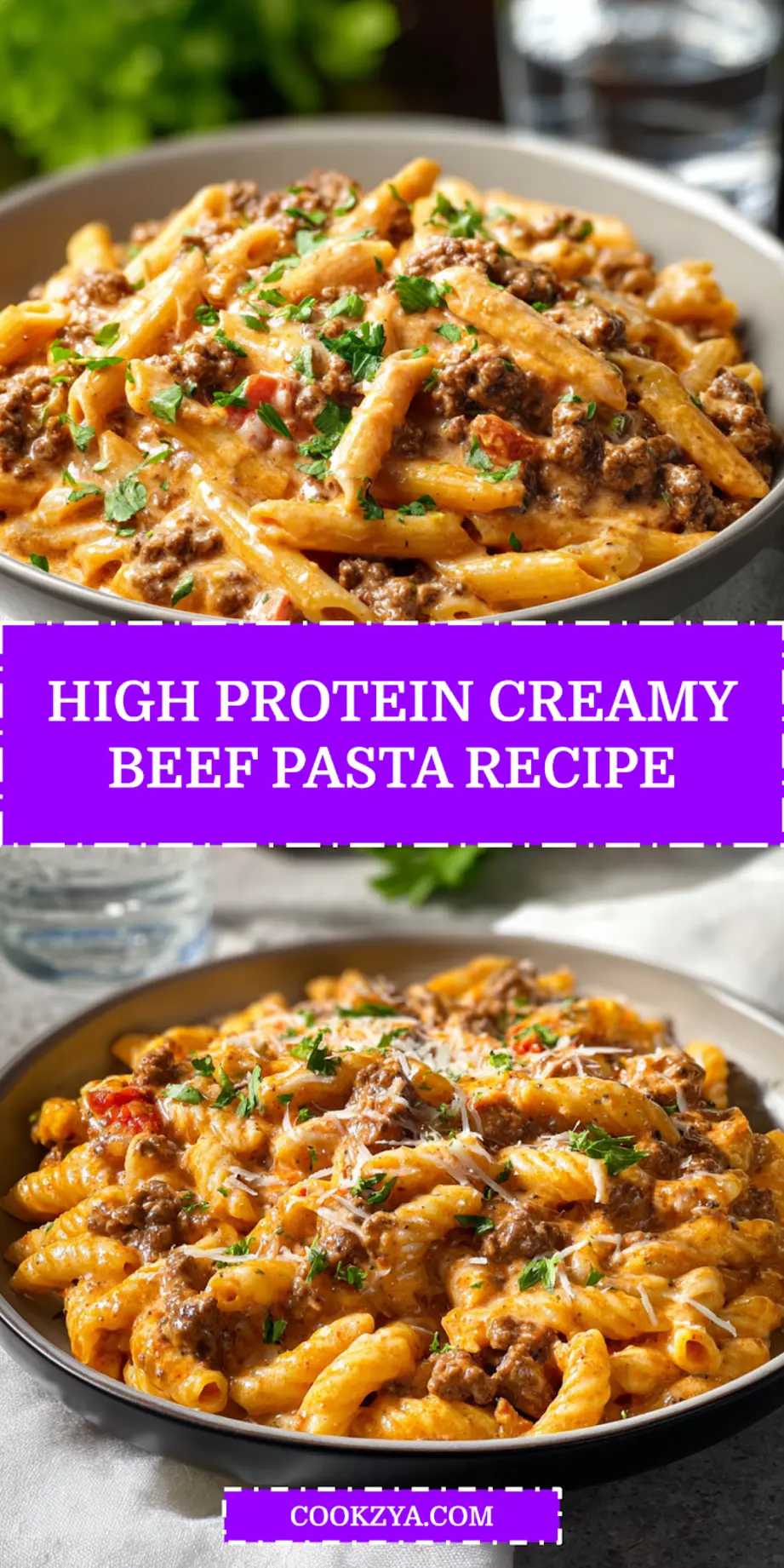 High Protein Creamy Beef Pasta Recipe: Irresistibly Delicious 6 HIGH PROTEIN CREAMY BEEF PASTA RECIPE plated penne with ground beef creamy yogurt sauce fresh herbs_pin