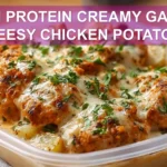 HIGH PROTEIN CREAMY GARLIC CHEESY CHICKEN POTATOES close up plated creamy garlic cheese chicken with potatoes