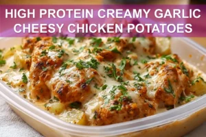 High Protein Creamy Garlic Cheesy Chicken & Potatoes Recipe - Make It Delicious HIGH PROTEIN CREAMY GARLIC CHEESY CHICKEN POTATOES close up plated creamy garlic cheese chicken with potatoes