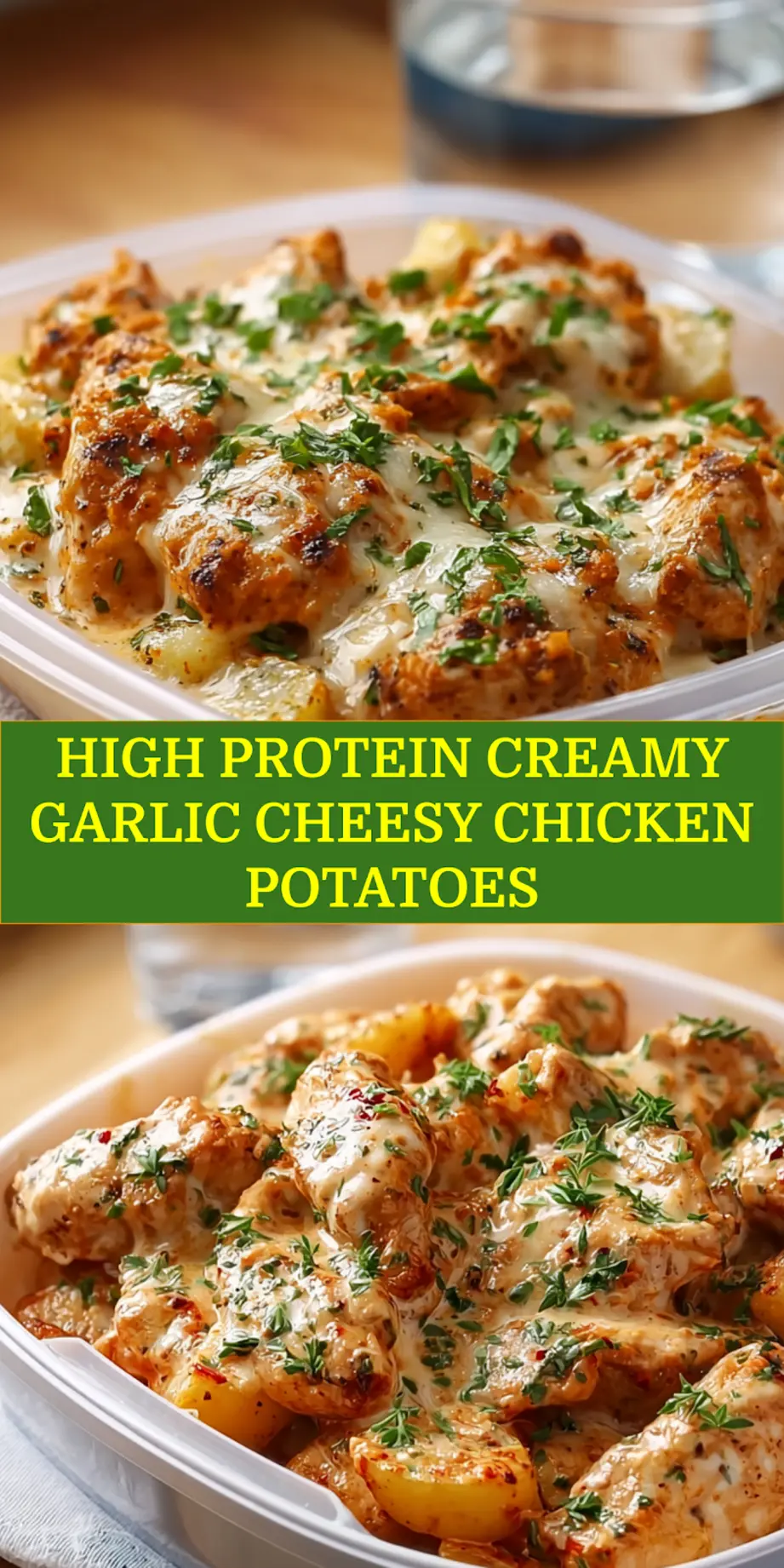 High Protein Creamy Garlic Cheesy Chicken & Potatoes Recipe - Make It Delicious 6 HIGH PROTEIN CREAMY GARLIC CHEESY CHICKEN POTATOES close up plated creamy garlic cheese chicken with potatoes_pin