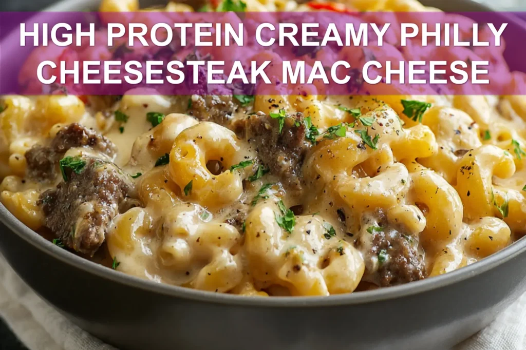 HIGH PROTEIN CREAMY PHILLY CHEESESTEAK MAC CHEESE centered hero view, clean and uncluttered