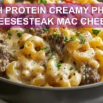 HIGH PROTEIN CREAMY PHILLY CHEESESTEAK MAC CHEESE centered hero view, clean and uncluttered
