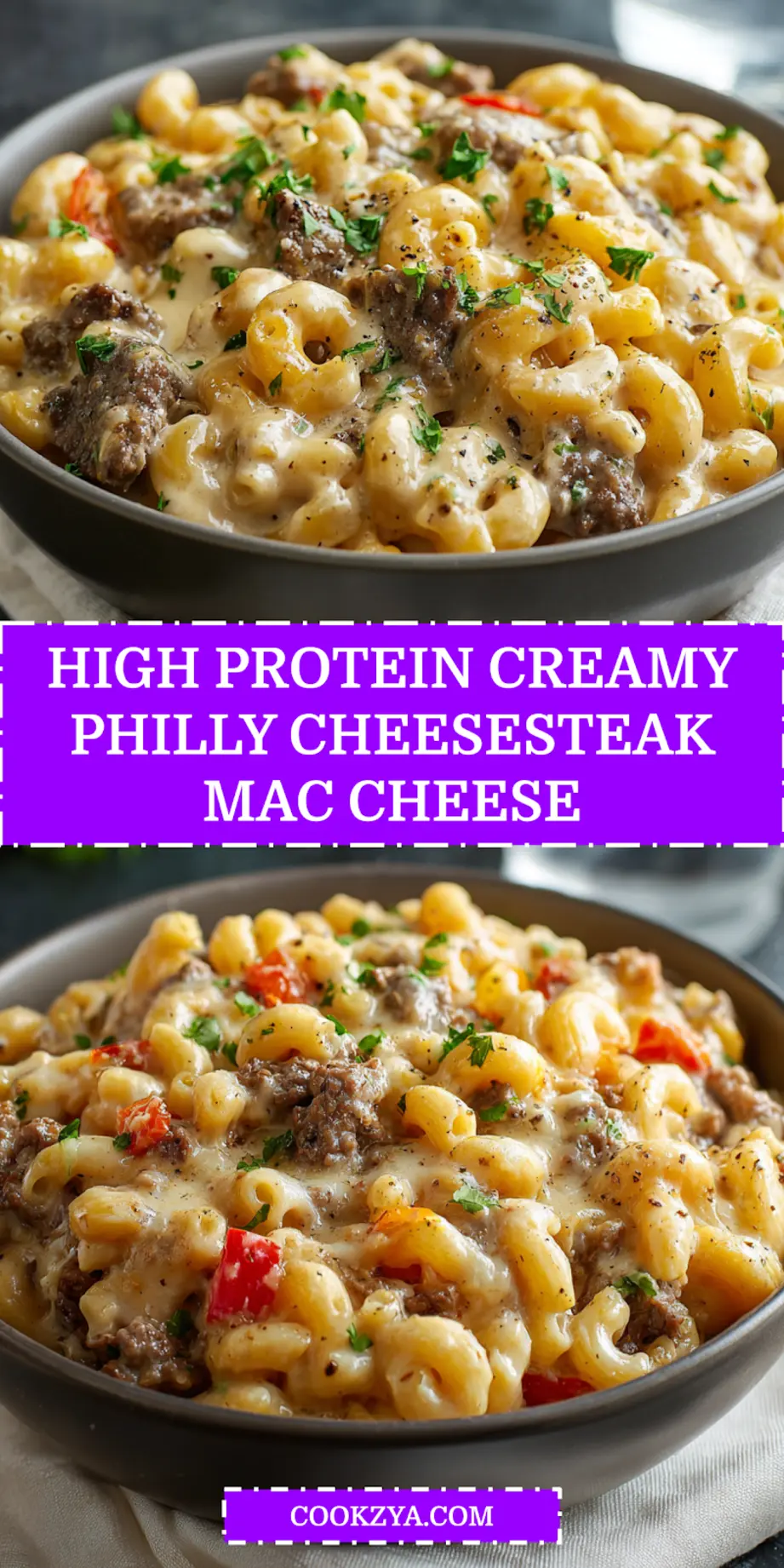 High-Protein Creamy Philly Cheesesteak Mac Cheese Recipe 6 HIGH PROTEIN CREAMY PHILLY CHEESESTEAK MAC CHEESE centered hero view, clean and uncluttered_pin