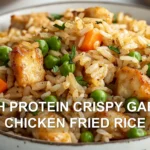 HIGH PROTEIN CRISPY GARLIC CHICKEN FRIED RICE centered hero view, clean and uncluttered