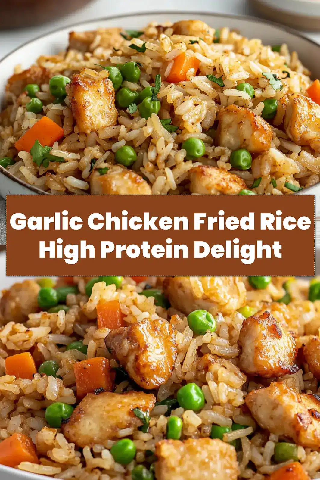 High Protein Crispy Garlic Chicken Fried Rice Recipe 6 HIGH PROTEIN CRISPY GARLIC CHICKEN FRIED RICE centered hero view, clean and uncluttered_pin