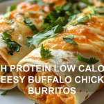 HIGH PROTEIN LOW CALORIE CHEESY BUFFALO CHICKEN BURRITOS centered hero view, clean and uncluttered