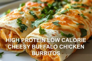 High Protein Low Calorie Cheesy Buffalo Chicken Burritos: Easy and Delicious HIGH PROTEIN LOW CALORIE CHEESY BUFFALO CHICKEN BURRITOS centered hero view, clean and uncluttered