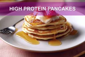 HIGH PROTEIN PANCAKES centered hero view, clean and uncluttered