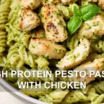 HIGH PROTEIN PESTO PASTA WITH CHICKEN centered hero view, clean and uncluttered