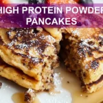 HIGH PROTEIN POWDER PANCAKES centered hero view, clean and uncluttered