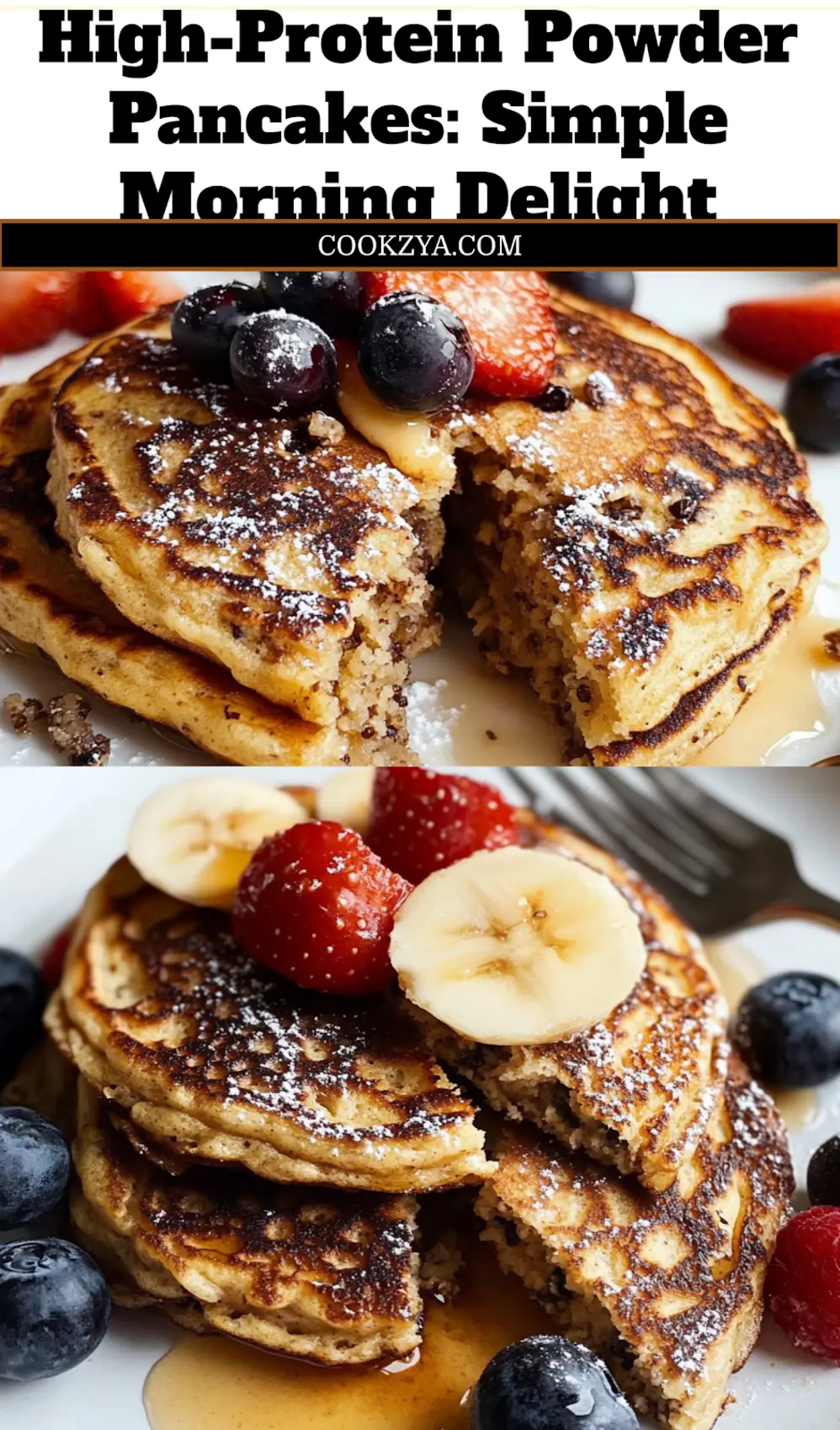 High-Protein Powder Pancakes: Delicious and Easy Recipe 6 HIGH PROTEIN POWDER PANCAKES centered hero view, clean and uncluttered_pin