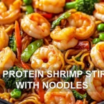 HIGH PROTEIN SHRIMP STIR FRY WITH NOODLES centered hero view, clean and uncluttered