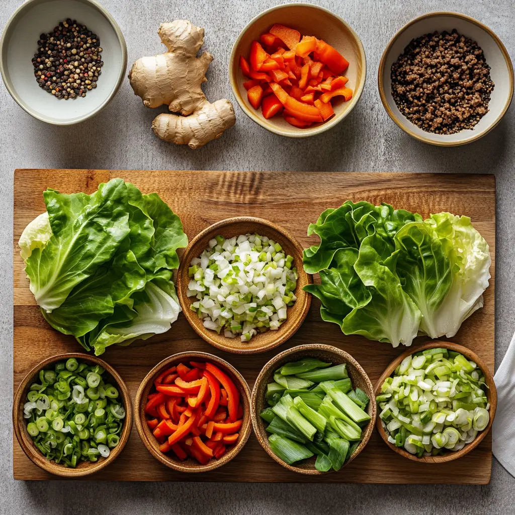 ASIAN INSPIRED GINGER BEEF LETTUCE WRAPS centered hero view, clean and uncluttered