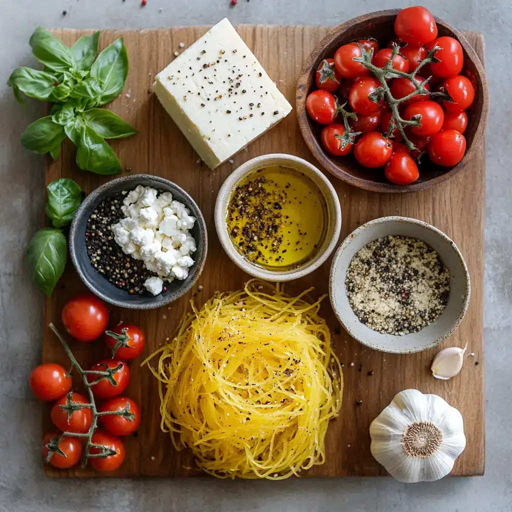 BAKED FETA SPAGHETTI SQUASH centered hero view, clean and uncluttered