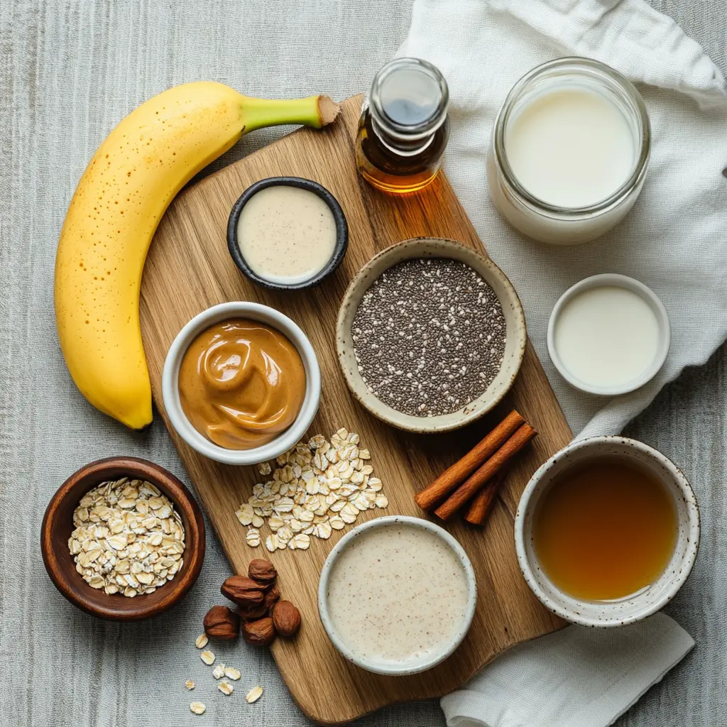 BANANA PEANUT BUTTER OVERNIGHT OATS jar with banana and peanut butter warm natural light