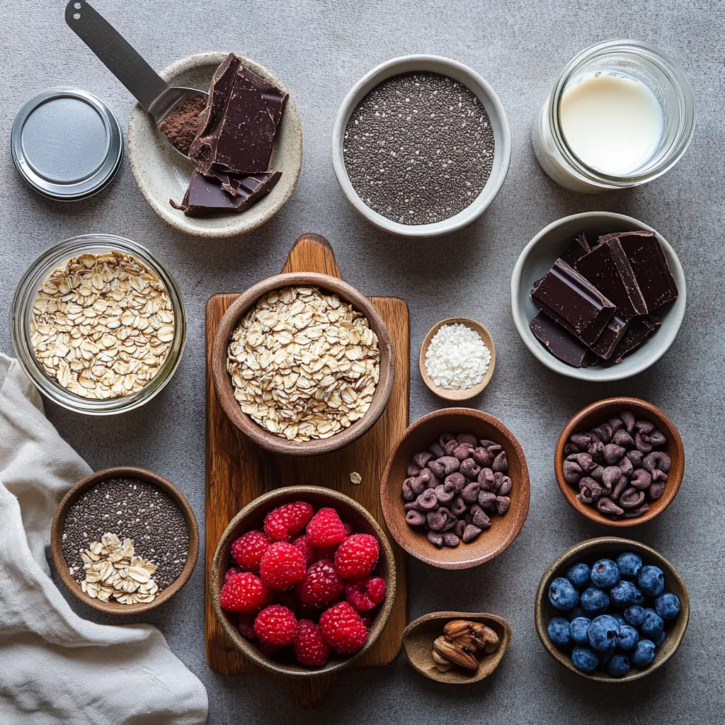 BROWNIE BATTER OVERNIGHT OATS creamy chocolate oats topped with berries dates dark chocolate and coconut flakes
