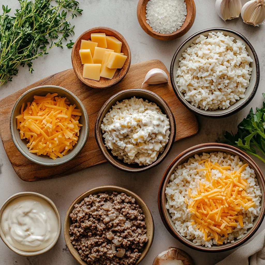 Cheesy Hamburger Rice Casserole Recipe: Easy and Delicious 5 CHEESY HAMBURGER RICE CASSEROLE RECIPE centered hero view, clean and uncluttered