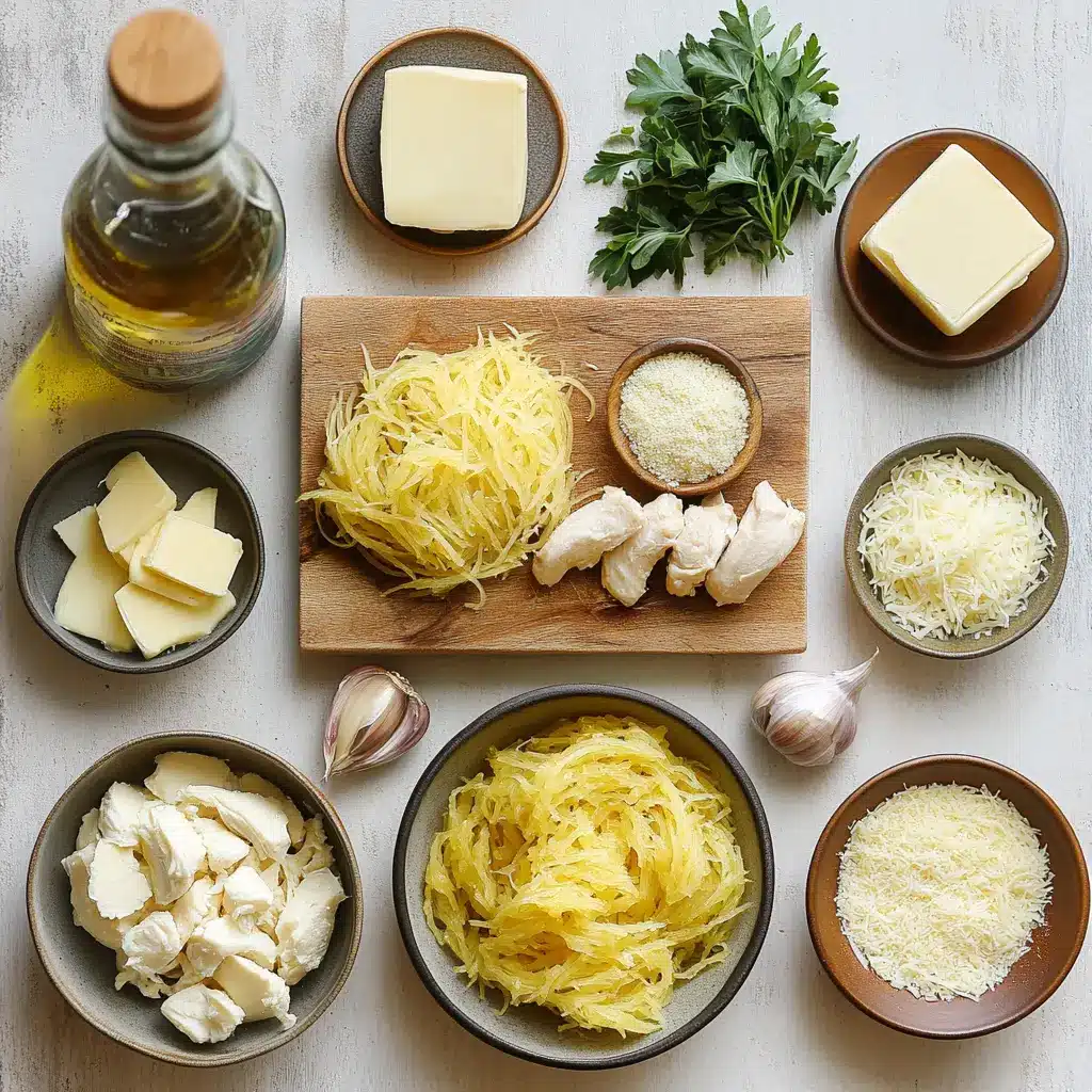 CHICKEN ALFREDO SPAGHETTI SQUASH RECIPE centered hero view, clean and uncluttered