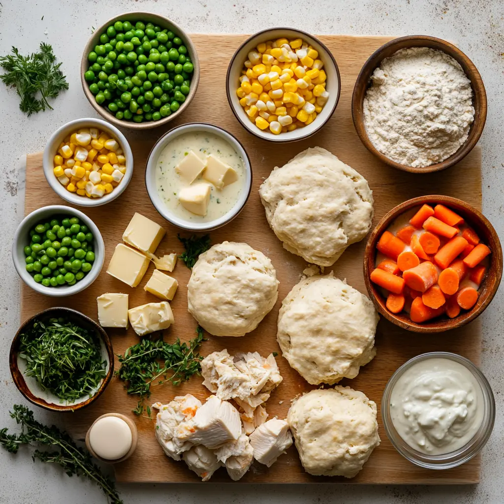 CHICKEN COBBLER WITH RED LOBSTER BISCUITS centered hero view, clean and uncluttered